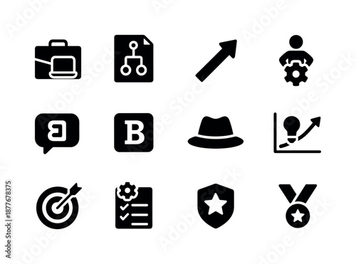 Tech Entrepreneurship Icons. Tech entrepreneurship. Solid icon set of tech entrepreneurship: briefcase laptop, plan document, opportunity arrow, resilience