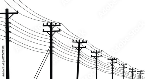 Electric power line silhouette, utility poles perspective, overhead cables, transmission network, minimal black white vector illustration design
