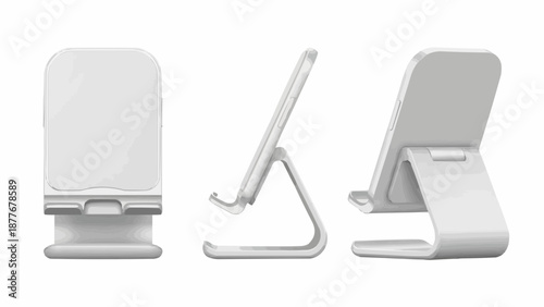 Three white foldable phone stands in different positions on a plain background