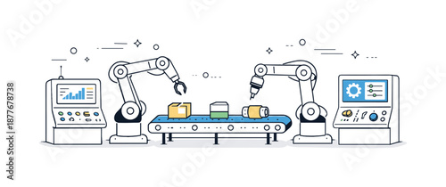 Automated Manufacturing Scene. Automated production control. Robotic arms working alongside conveyor belts with control panels nearby. Precision, consistency,