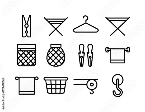 Laundry Accessories Icons. Laundry accessories. Line icon set of Laundry accessories: clothespin, drying rack, hanger, airer stand, mesh bag, laundry net,