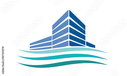 Modern building waterfront logo creating abstract waves