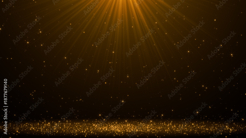 Fototapeta premium Golden light rays with sparkling particles on a dark background , luxury golden glitter abstract gold particles and light rays celebration backdrop social media background