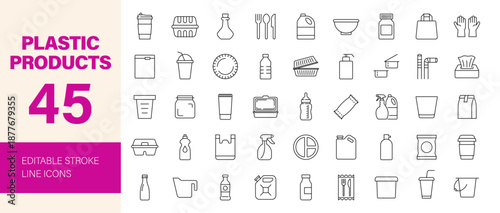 Plastic product icon set. Editable line icons. Vector illustration.