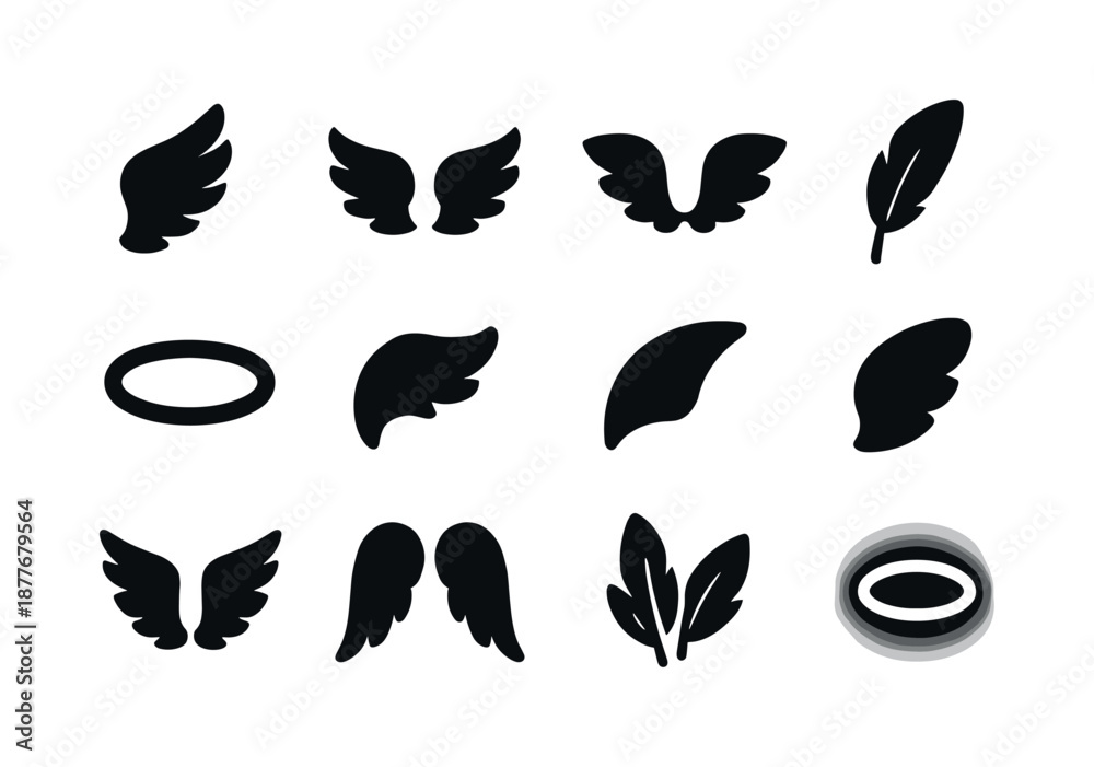 Obraz premium Black Angel Wings Icons. Angel wings. Solid icon set of angel wings: single wing left, single wing right, paired wings, feather, halo, wing tip, wing curve,