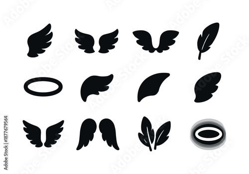 Black Angel Wings Icons. Angel wings. Solid icon set of angel wings: single wing left, single wing right, paired wings, feather, halo, wing tip, wing curve,