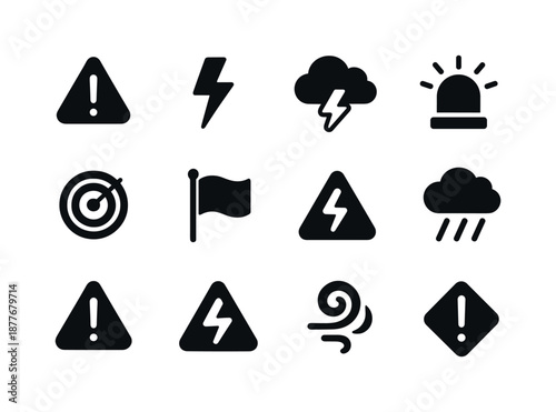 Storm Warning Icons. Storm warning. Solid icon set of Storm warning: alert triangle, lightning symbol, storm cloud, siren icon, weather radar, caution flag,