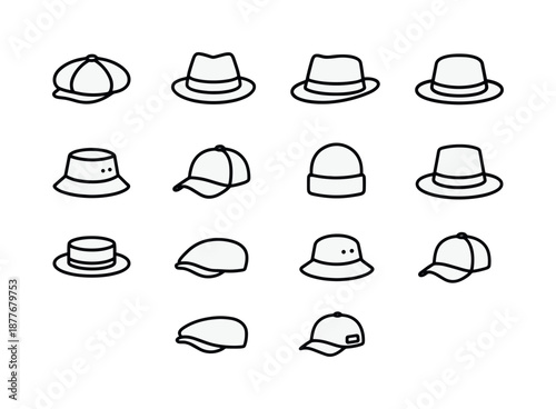 Men's Hat Icons. Men?s hats. Line icon set of Men?s hats: newsboy cap, fedora hat, flat cap, trilby hat, bucket hat, baseball cap, beanie, wide-brim hat, pork