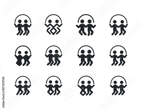 Synchronized Jump Rope Icons. Group fitness. Icon set. Set Logo of group fitness: synchronized jump rope. harmonious logo variations: Symmetrical form,