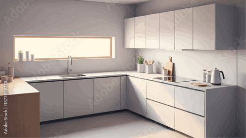 Modern kitchen interior with white cabinets and countertops near a sunny window