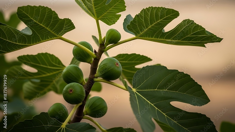 Fototapeta premium Close-up of green figs growing on a fig tree branch with large leaves in a natural setting at dusk