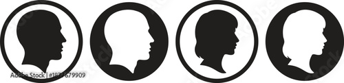 Male and female head profile icon set, man and woman silhouette side faces isolated on transparent background, human avatar symbols for user profile interface design vector illustration.