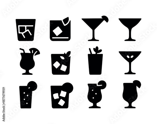 Black Cocktail Icons. Cocktails. Solid icon set of cocktails: negroni glass, old fashioned, cosmopolitan, daiquiri, whiskey sour, pina colada, mai tai, bloody