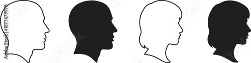 Male and female head profile icon set, man and woman silhouette faces in outline and solid black styles, human avatar symbols for user profile interface and social media design vector illustration.