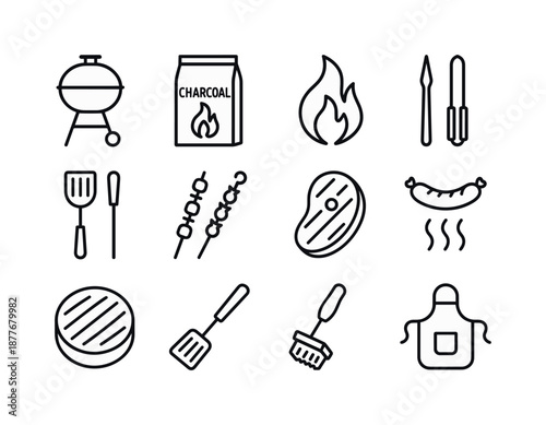 Barbecue Icon Set. Barbecue cooking. Line icon set of Barbecue cooking: grill, charcoal bag, fire flame, tongs, spatula, skewers, meat steak, sausage, burger
