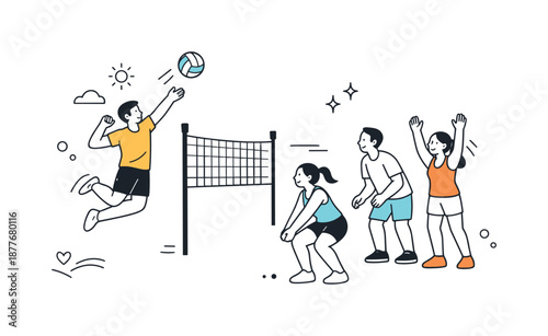 Fun Volleyball Match. People playing volleyball for fun. Simple editorial scene highlighting movement, balance and social connection through sport. Minimalist