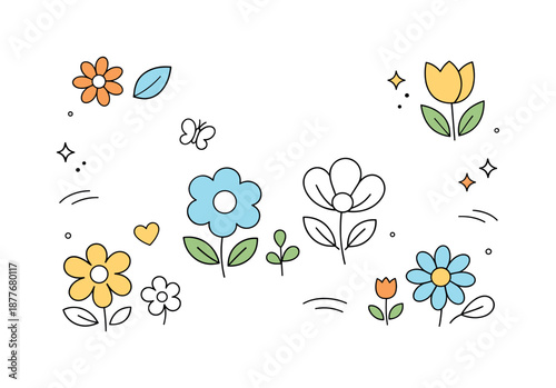 Spring Floral Harmony. First Flowers Background. Abstract floral shapes and simple flower icons arranged in a balanced composition. Decorative yet calm spring