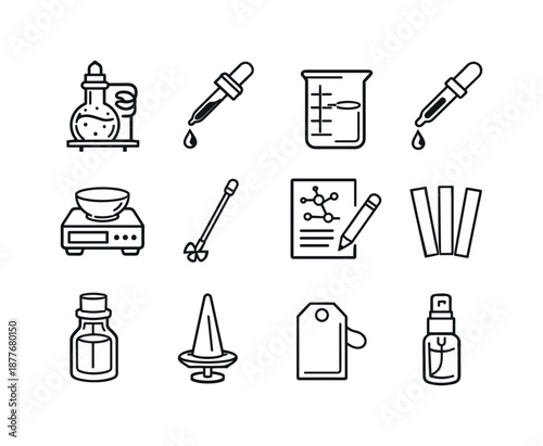 Perfume Icon Set. Perfume making. Line icon set of Perfume making: distillation flask, essential oil dropper, mixing beaker, pipette, ingredient scale,