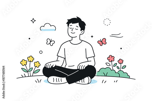 Springtime Serenity. Spring outdoor break. A character sitting on a bench or grass, enjoying warm weather and blooming surroundings. Slow pace, calm breathing,