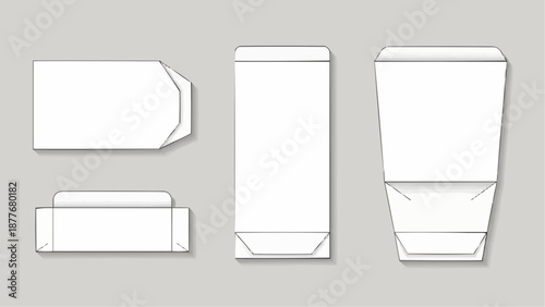 Different views of a white paper package template with various folded sides