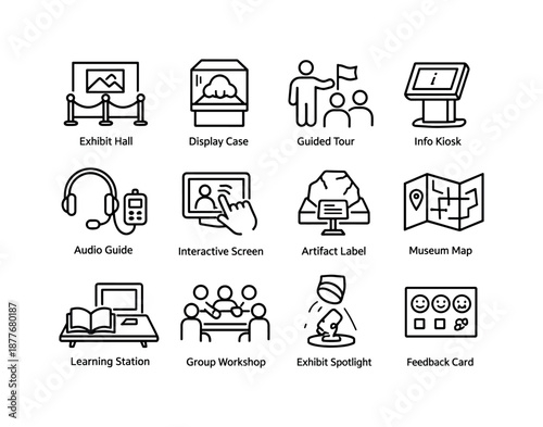 Exhibition Icons Grid. Exhibitions and Learning Experiences. Line icon set of Exhibitions and Learning Experiences: exhibit hall, display case, guided tour