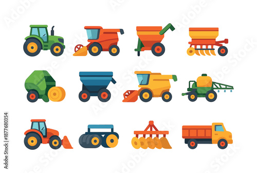 Colorful Farm Equipment Icons. Agricultural machinery. Colorful flat vector icons set of agricultural machinery: tractors, grain combines, auger wagons, seed