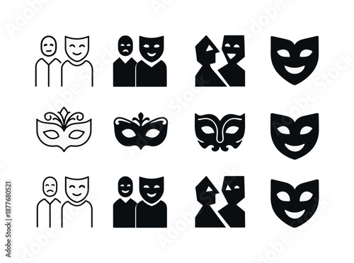 Masked Theater Logos. A live theater performance with actors wearing masks. Icon set. Set Logo of A live theater performance with actors wearing masks: ornate