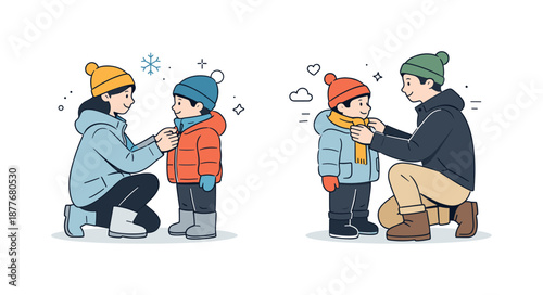 Winter Wardrobe Care. Parents dressing kids in winter clothes. Parent kneeling to zip a child?s coat or tie a scarf, attentive posture and soft smiles. Care,