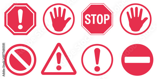 Set of stop street icons, vector collection including red stop signs, hand stop symbols, text-based road signs, traffic safety, urban design elements.