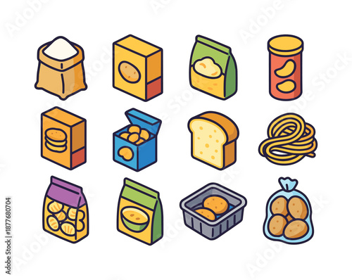 Potato Products Icons. Potato products. Colorful isometric vector icons set of potato products: potato flour bag, potato starch box, instant mashed potato