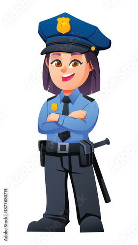 Friendly police girl standing with arms crossed. Vector cartoon character illustration