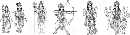 Hindu gods vector bundle with Krishna Radha, Shiva, Rama, Hanuman, and Durga. Detailed line art for religious festivals, temple branding, spiritual social media, and Indian cultural design projects