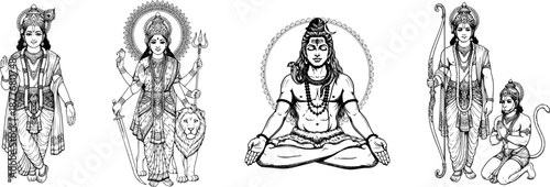 Hindu gods vector collection featuring Krishna, Durga, Shiva, Rama, and Hanuman. Detailed line art for religious festivals, temple branding, spiritual social media, and Indian cultural graphics