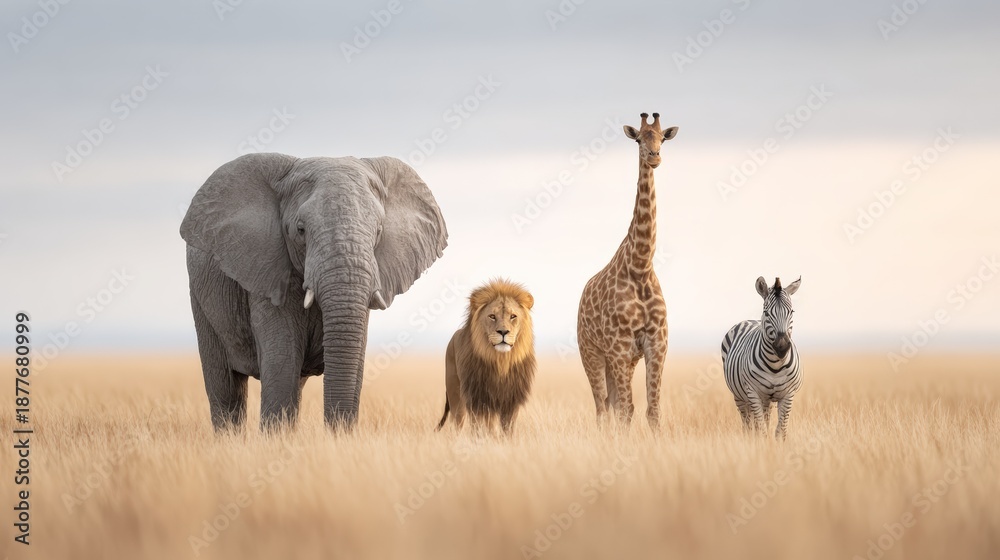 Fototapeta premium Elephant, lion, giraffe, and zebra standing together on the golden savanna grass, representing wildlife conservation and the diverse ecosystem of africa