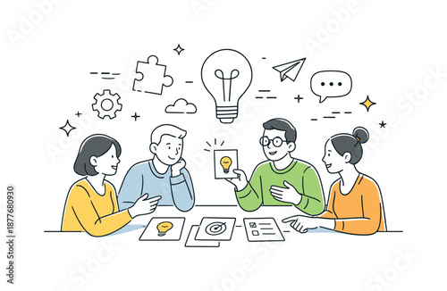 Creative Brainstorming Session. Creative problem solving. Team brainstorming solutions around light bulb icons and idea cards, calm collaboration and