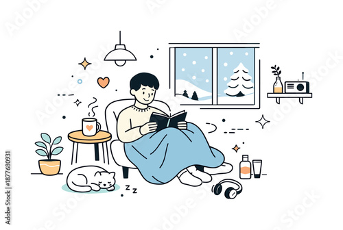 Cozy Winter Retreat. February Seasonal Illustration ? Self-Care Winter Day. A person relaxing indoors with a book and blanket, snow visible through a window.