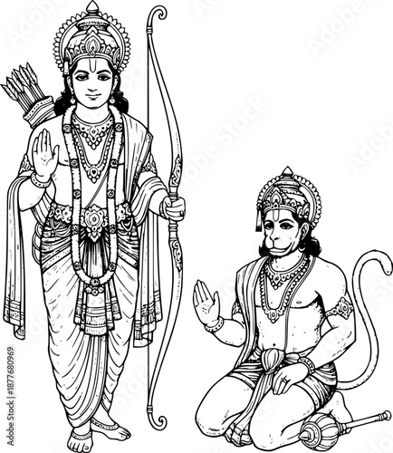 Lord Rama and Lord Hanuman vector illustration in detailed black and white line art style, depicting Rama standing with bow and arrow while Hanuman kneels in devotion