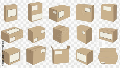 Collection of various cardboard boxes in different orientations and states