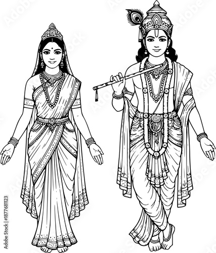 Radha Krishna vector illustration in detailed black and white line art style, depicting Lord Krishna with flute standing beside Radha in traditional Indian attire