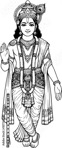 Lord Krishna vector illustration in detailed black and white line art style. Depicting Shri Krishna standing in traditional attire with sacred ornaments and flute,