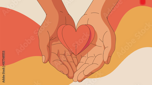 Diverse hands holding a red heart symbolizing love and unity with a vibrant abstract background