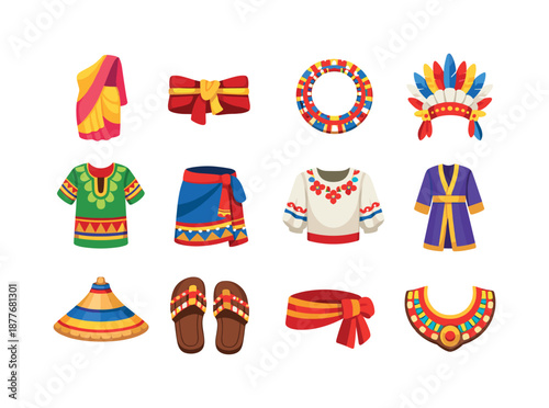 Cultural Attire Icons. Cultural Attire. Colorful flat vector icons set of Cultural Attire: sari drape, kimono obi, Maasai beads, feathered headdress, patterned