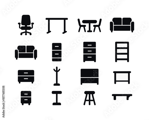 Office Furniture Icons. Office furniture. Solid icon set of office furniture: ergonomic chair, standing desk, meeting table, sofa seating, filing cabinet,