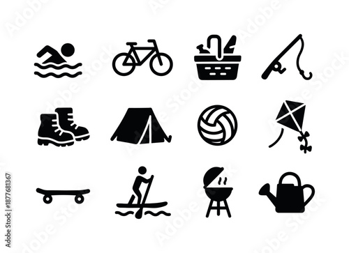 Summer Activity Icons. Summer activities. Solid icon set of summer activities: swimming icon, bicycle, picnic basket, fishing rod, hiking boots, camping tent,