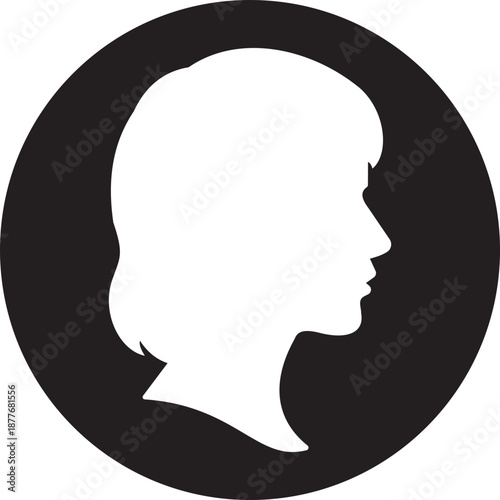 Female head profile icon in solid black silhouette style, woman face side view symbol for user profile identity and avatar design, human person graphic for social media vector illustration design.