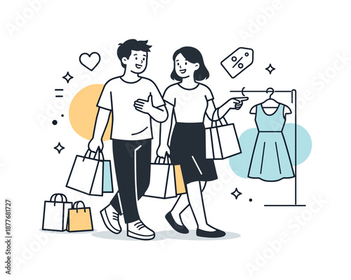 Relaxed Shopping Experience. Shopping together. Two people walking side by side with shopping bags, talking and choosing items together. Relaxed shared