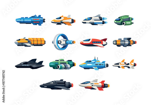 Intergalactic Starship Icons. Intergalactic Starships. Colorful flat vector icons set of Intergalactic Starships: cruiser-class ships, exploration vessels,