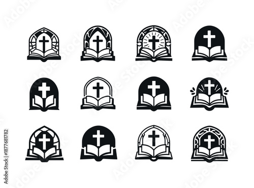 Theology Books Logos. theology books. Icon set. Set Logo of theology books: illuminated manuscript page. harmonious logo variations of the same emblematic