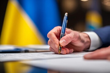 Hand signs official documents at a desk with flags in the background at a formal event