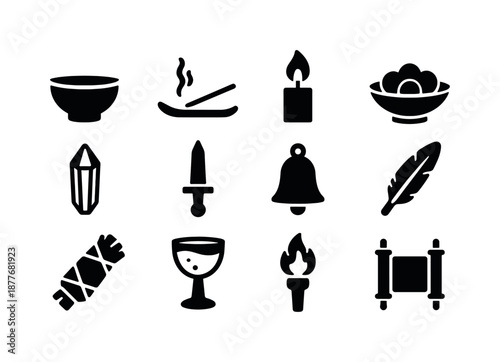 Ritual Tools Icons. Ritual tools. Solid icon set of ritual tools: ritual bowl, incense holder, candle flame, offering dish, healing crystal, ritual dagger,
